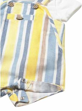 Conjunto Mayoral macacão curto listrado amarelo e azul para bebê