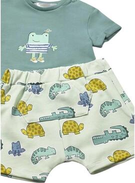Conjunto Mayoral sapo verde e bermuda de animais para bebê