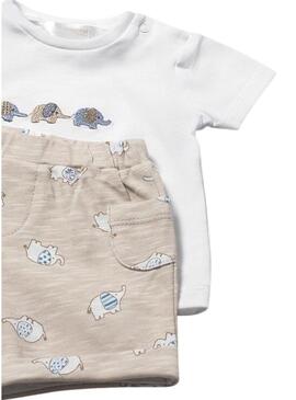 Conjunto Mayoral de elefantes azul e bege para bebê.