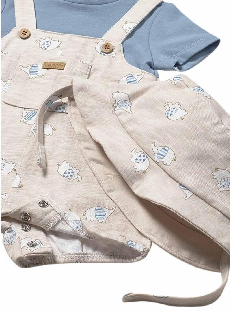 Conjunto Mayoral macacão elefantes bege e azul com capuz para bebê
