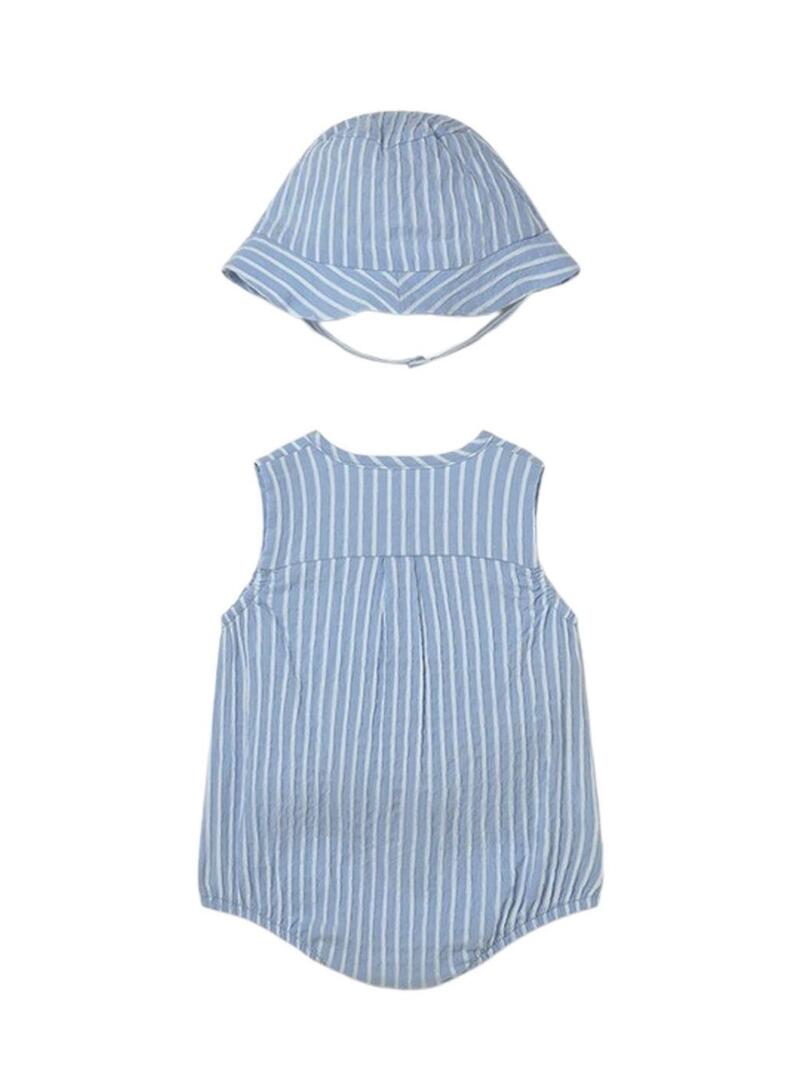 Macacão Mayoral listrado azul céu com touca para bebê menino