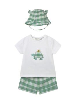 Conjunto de três peças Mayoral tartaruga verde vichy para bebê menino.