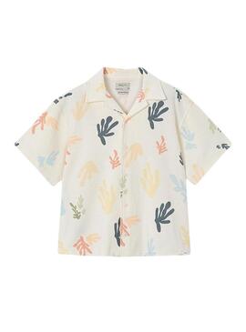 Camisa de malha estampada em creme.