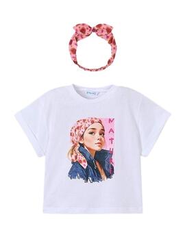 Camiseta Mayoral com tiara branca e rosa para menina