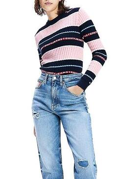 Malha Tommy Jeans Logo Stripe Pink Para Mulher