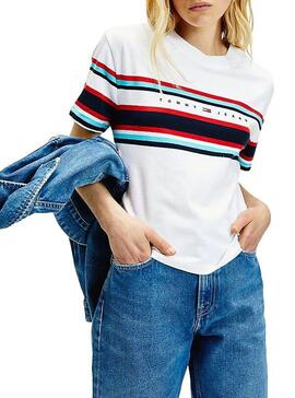T-Shirt Tommy Jeans Stripe Logo Branco Mulher