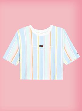 T-Shirt Tommy Jeans Pastel Crop Listras Multi Mulher